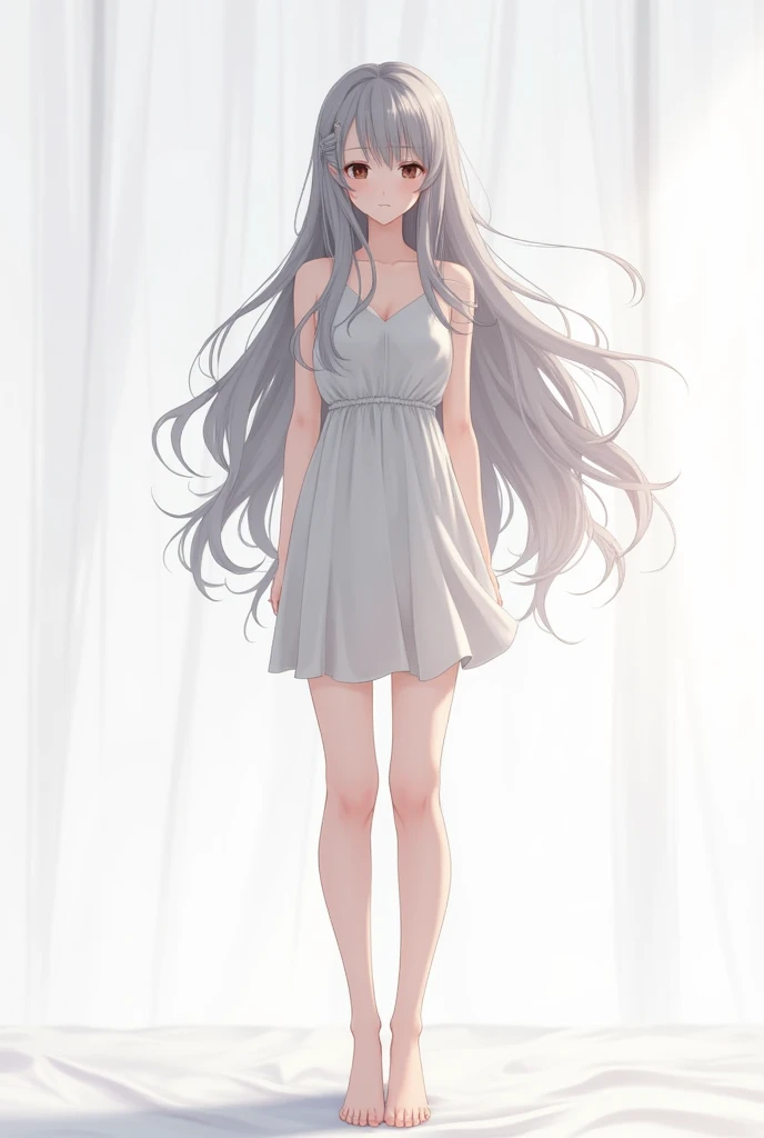  Female anime character for visual novel,  long gray hair,  standing posture ,  in front, full body including feet .  white room background  