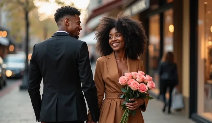 Handsome young African American man with a light skin tone, short hair, wearing a sleek black outfit, stands beside a beautiful African American woman with a dark skin tone, voluminous 4C loose curls, dressed in an elegant brown outfit. They walk through a...