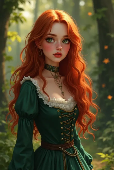 Create a realistic looking illustration of a cute 23 year old girl, long loose curly red hair ,  dark green eyes, dressed in Victorian clothing , In a beautiful forest, expresion he would be y frivola,   looking to the side, Dark environment, reddish lips,...