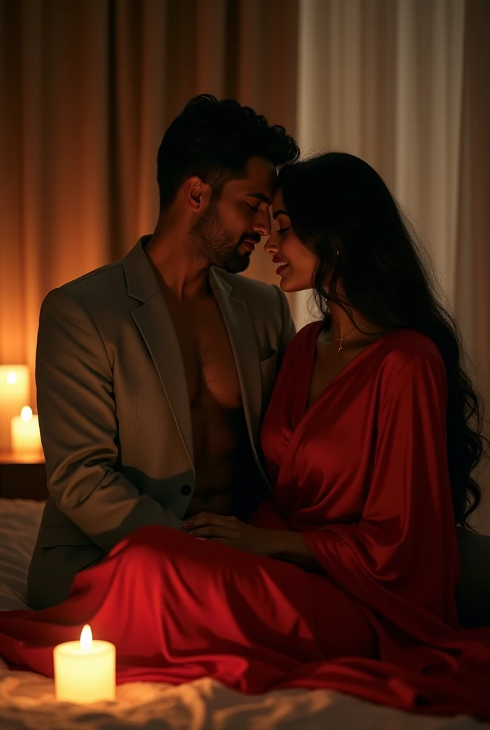 A Odia Married couple, Saroj and Sahiti  hiding there all shame and in an romantic intimate moment, both appearing to be in their mid-20s. A Famous odia sexiest insta women in the dark red sheer saree sit in the bed red lips long hair open  loose blouse to...