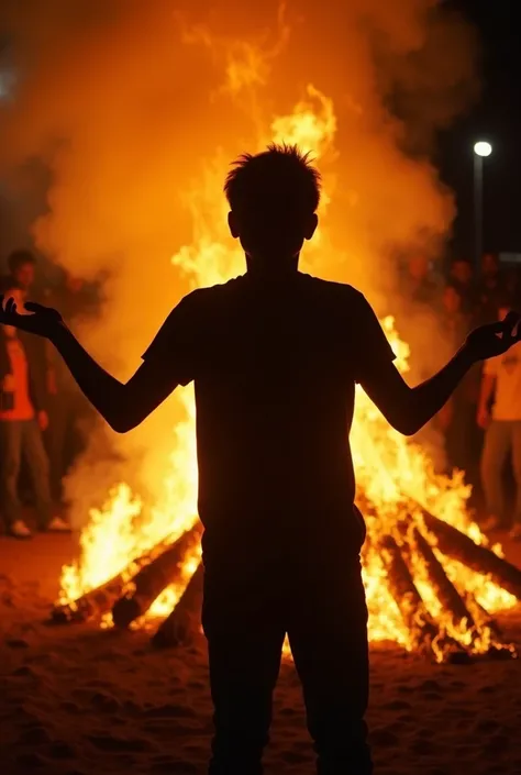 Silhouette of a young adult, likely late teens to early twenties, standing over a large fire.  The figure is positioned in a dynamic pose, arms outstretched, with the focus on the intense fire and smoke around them.  The subject's expression is obscured by...