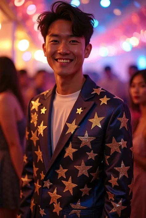 Young Asian man in lightly star-based party outfits full body image 