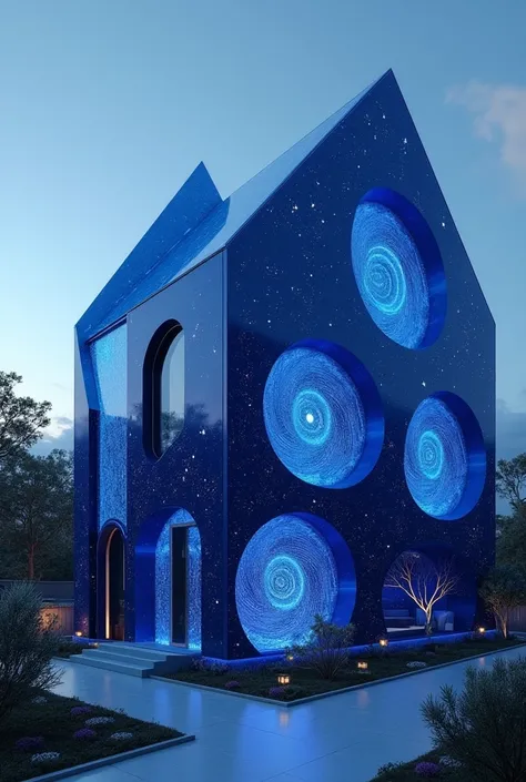 Anime house made of starry dark blue sapphire crystal, futuristic with a small garden at the entrance