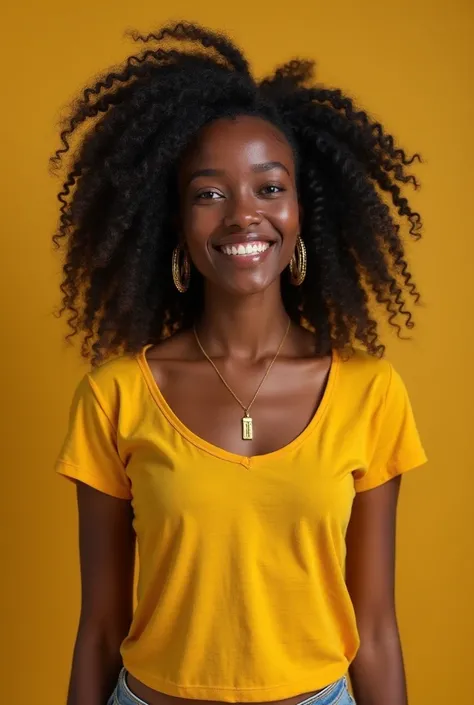 UNE très très BELLE FEMME NOIR AVEC DES CHEUVEUX LONG UN PEU MALGACHE AVEC UN TEESHIRT JAUNE avec un peu de bleu ET DES ACCESSOIRE ROUGE TRES SOURIANTE ENTRAI DE FAIRE MARCHER LA TELE AVEC LA TELECOMANDE, ELLE EST DEBOUT