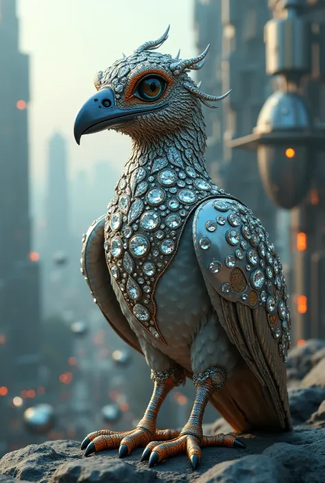 Ai bird wearing diamond jewellery 
