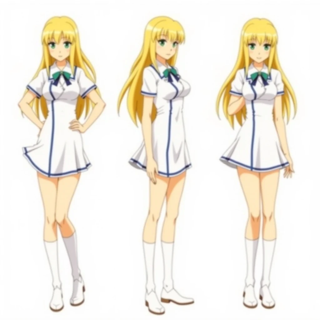 1Girl, tennager, Alexis Rhodes, full body, reference sheet, facing viewer, multiple views, different poses, Yu-Gi-Oh Style, long hair blonde girl, huge breasts, white school uniform with blue lines, anime, green eyes, {{{white background}}}