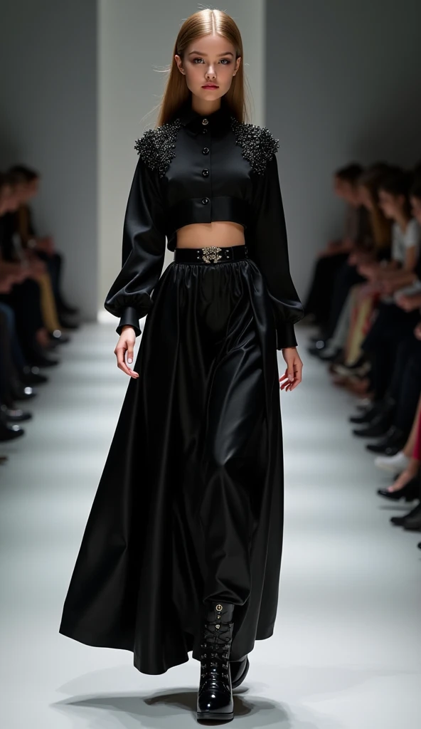  Realistic photo, Barbie takes down the runway wearing a black outfit , black haute couture, exaggerated details, In the style of Christian Dior,  wide-leg hakama pants , intriguing outfit, exaggerated details, Givenchy, all black clothes, tall details on ...