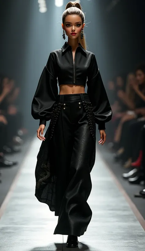  Realistic photo, Barbie takes down the runway wearing a black outfit , black haute couture, exaggerated details, In the style of Christian Dior,  wide-leg hakama pants , intriguing outfit, exaggerated details, Givenchy, all black clothes, tall details on ...