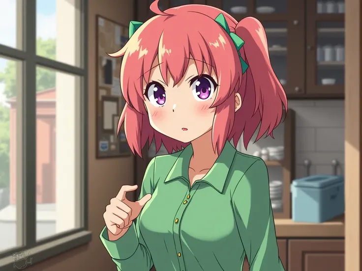 A girl.
style:  comedy anime .
hair: , pastel red.
rostro: adorable,  electric violet eyes.
 expression: aggressive.
Clothes:  simple street clothing , totally opaque green .
Scene:  inside a bakery.
action: mirando de lado con una mirada aggressive.