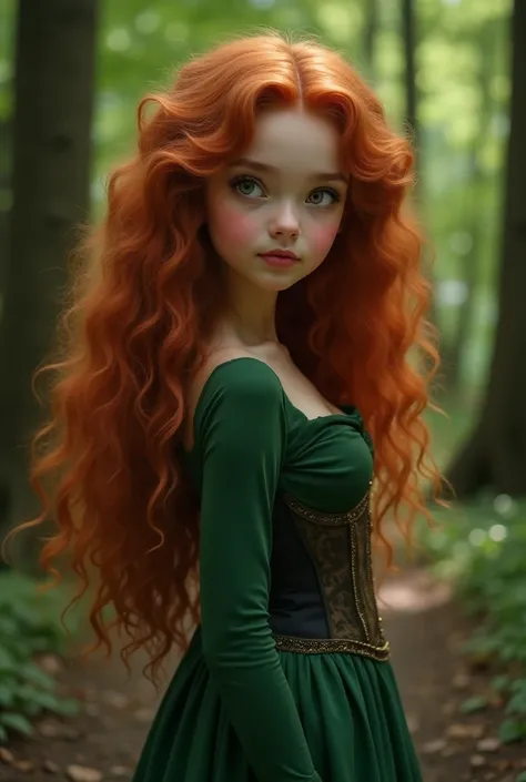 Create an image that looks real of a cute 17-year-old young girl, very curly hair very long red hair,  green eyes, dressed in a green dress with corset, In a beautiful forest, expresion he would be y frivola,   looking to the side, Dark environment, reddis...