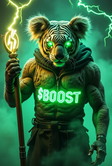 Create an image of a formidable $BOOST mascot, featuring a robotic koala bear. The bear's chest prominently displays the bold neon green sewn in writing $BOOST, seamlessly sewn with green thread into its skin, glowing with an intense luminescence. Its eyes...