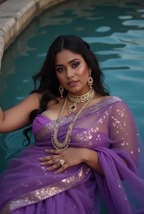 Shine Fabric visible body stockings carnel Beautiful seductive makeup of south indian Model Fat Beauty gold silver Rudy Pearl Jewellery transparent Violet saree, She is laying down in water