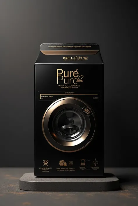 Create a packaging for a washing powder product called Pure Touch in black and gold. The packaging must include a washing machine.