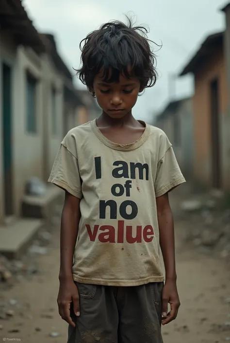 A poor boy with a t shirt written am of no value