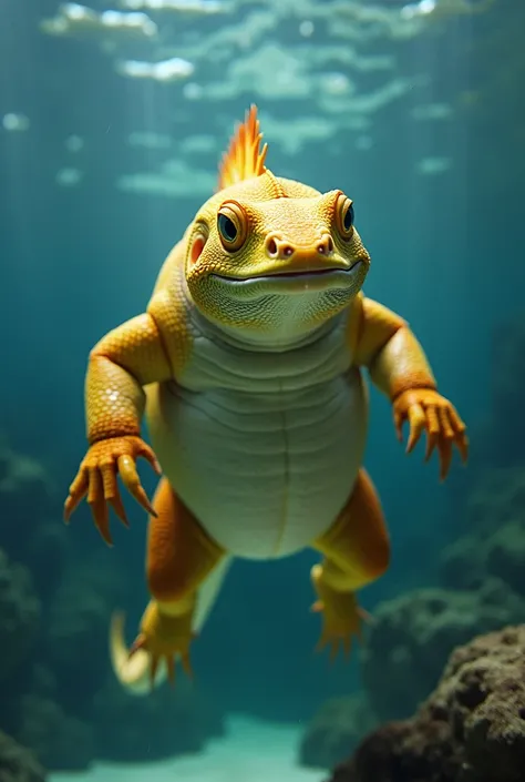 A bulky drago swimming underwater. His legs are short and his body is slim almost lizard-like. It is mostly yellow fading into orange with yellow and orange stripes in gradient. Its more of a fat build and is in dynamic pose with it's head facing the camer...