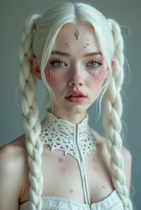 This  goddess has pale skin, long white hair kept in pigtails that go to her feet, an emotionless expression all the time, pinkish lips and many, many, many, multiple beauty marks all over her face, cheeks, shoulders, arms, body, everywhere
