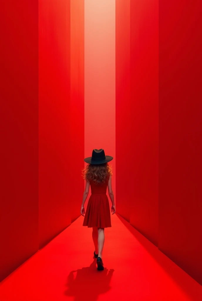 A red corridor is a tall girl walking confidently so that she can continue to the top. The corridor consists of heights with a red sheet. The girl has proud and tired features combined with confidence. She wears a red dress, has light pink skin and wavy br...