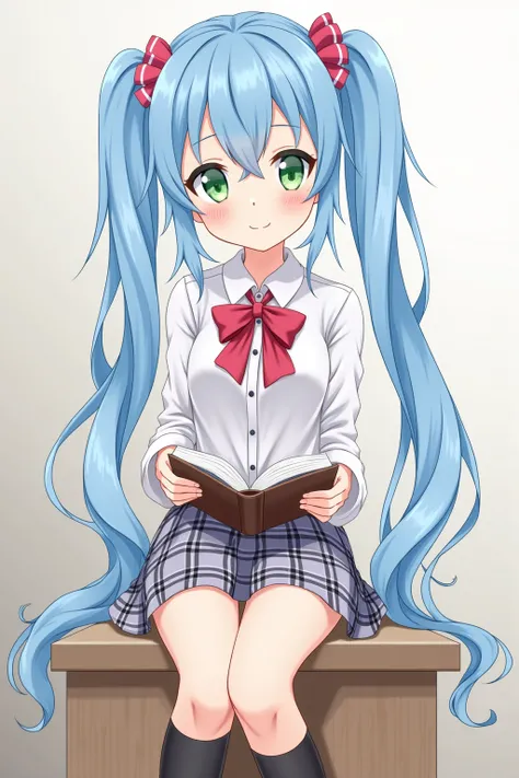 Save an anime-style girl.  She has long blue hair ,  hairstyle — two ponytails with pink bows .  big light green eyes , slightly rosy cheeks . Light skin. outfit:  — white blouse, short checkered skirt,  red bow and high black socks .  Shoes — neat shoes ....