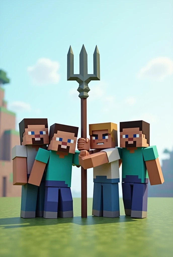 Four players lined up holding a trident in Minecraft without being realistic 