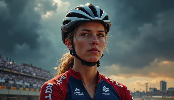 Prompt: A dramatic digital painting of Emma Pooley, the legendary cyclist, standing strong against a backdrop of a challenging race track. Her face reflects determination and resilience, symbolizing her journey through injuries, doubt, and pressure. The at...