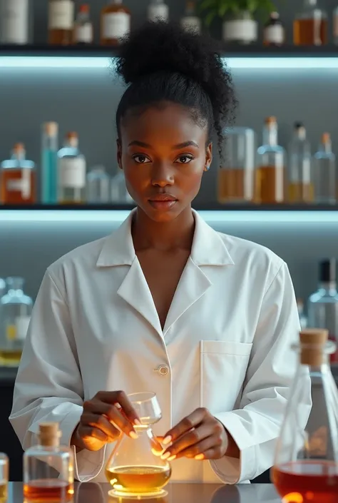 Young black woman wearing a lab coat formulating perfumes
