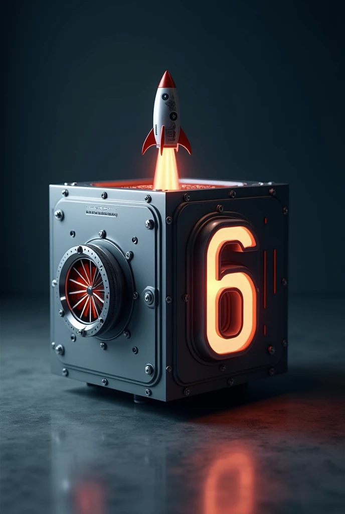 A three-dimensional cube with a cutting rocket and number 6 