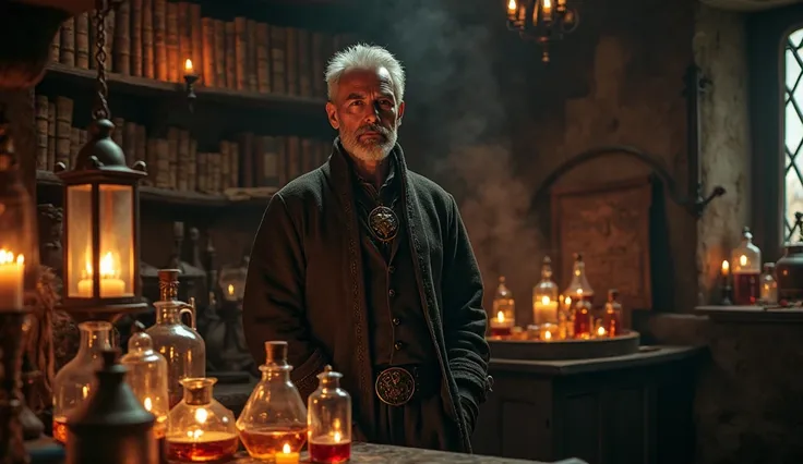 Create a scene in an ancient alchemist's laboratory with a mysterious and dark atmosphere, illuminated by candles and lanterns. In the center of the image, there is a middle-aged white man with short gray hair and no beard, wearing old-fashioned Renaissanc...