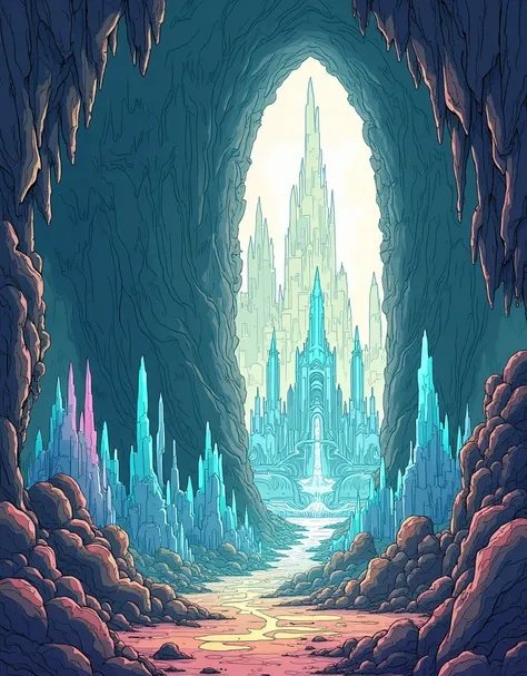 Make A Hidden Underground Cavern Filled with Glowing Crystals and Ancient Stone Arches – Massive, jagged crystal formations, illuminating an ancient underground city with huge stone pillars. everything done like bold line art. full coloring page