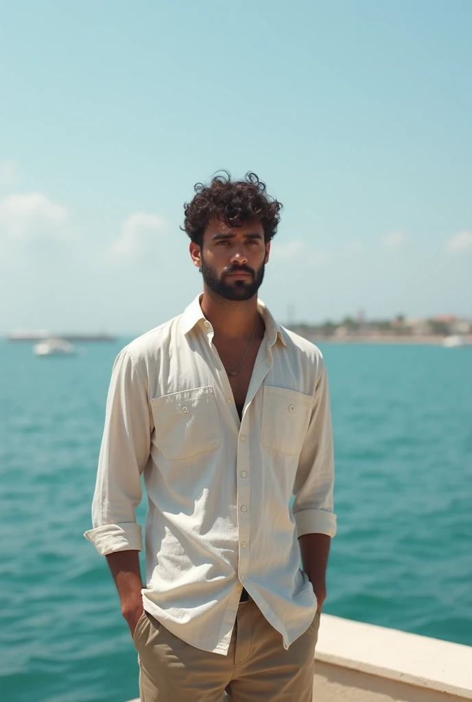 arafed man standing on a ledge in front of a body of water, a picture inspired by Pál Balkay, trending on instagram, hyperrealism, alexandros pyromallis, style of paolo parente, wearing a linen shirt, he is 3 , taken in the early 2020s, mohamed chahin styl...