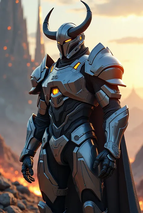 Sci-fi Knight with horns in epic power armor 