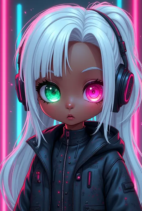 Dark skin tone anime girl,left eye green,right eye pink, white hair,cyberpunk clothes,chibi