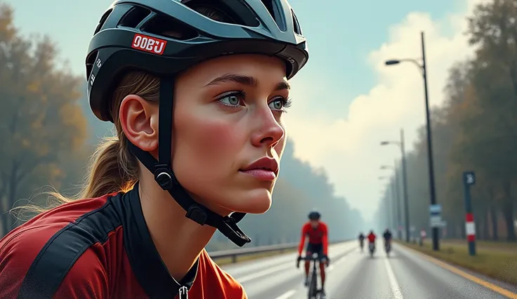 Prompt: A striking digital painting of Emma Pooley as a young cyclist in London, preparing for her journey to greatness. The background showcases a challenging road ahead, symbolizing the obstacles she faced in a male-dominated sport. Her expression is det...