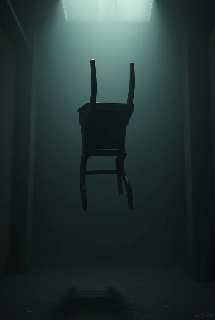 An inverted chair in a dark room