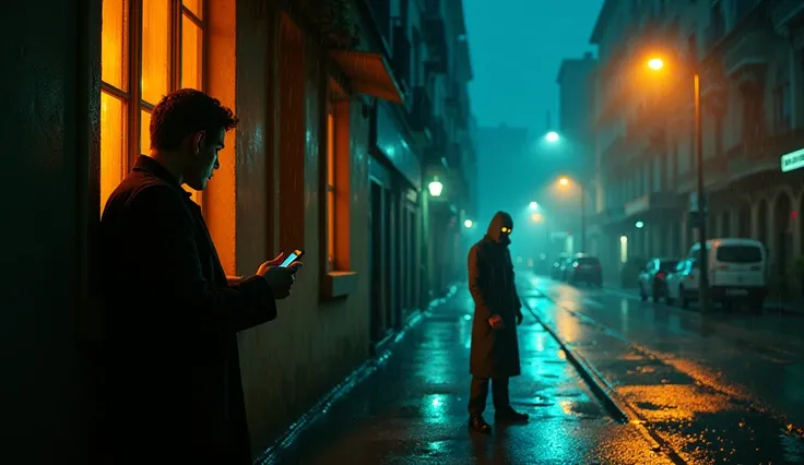 Wide shot of a rainy street at 3 AM. A man (Luis) stands at his apartment window, face lit by phone glow, staring down at a figure in a trench coat (Mr. López) under a flickering streetlamp. The figure smiles unnaturally wide, eyes glowing faintly yellow. ...