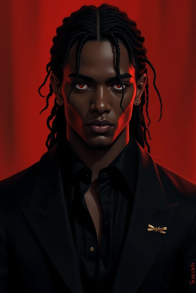 " Isaach is a dark-skinned black vampire ,  with fine and striking features .  Her hair is composed of well-groomed medium braids ,  falling elegantly around his face .  His eyes shine in a subtle red ,  penetrating and full of mystery ,  conveying a balan...