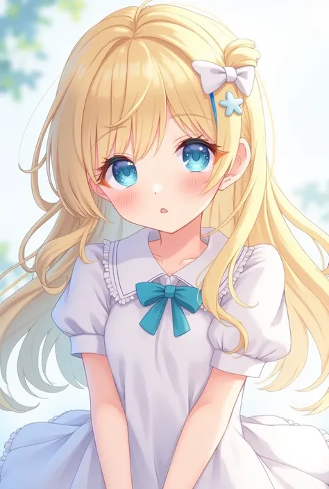 Girl is  and she had a blonde hair long with blue streak , her eyes blue and she wear a cute dress white -style anime