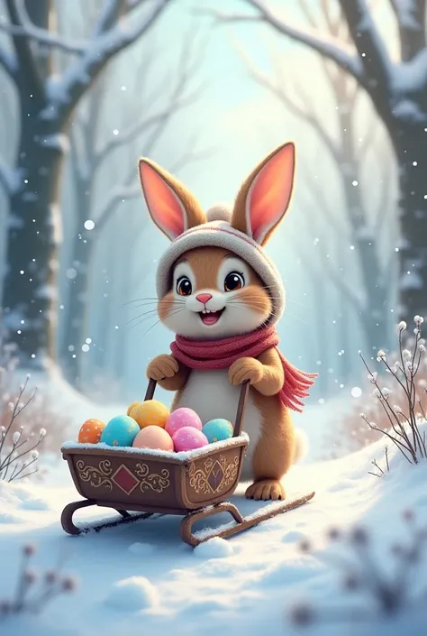 Easter bunny with a stuffed sack on the sled in winter