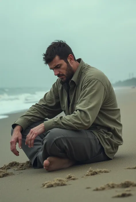 Man sitting on beach sad