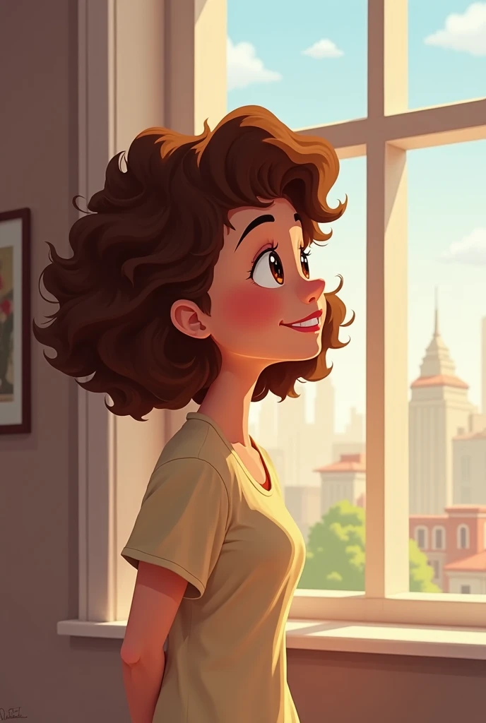  Cartoon woman with curly brown hair in a shirt,  looking out the window .