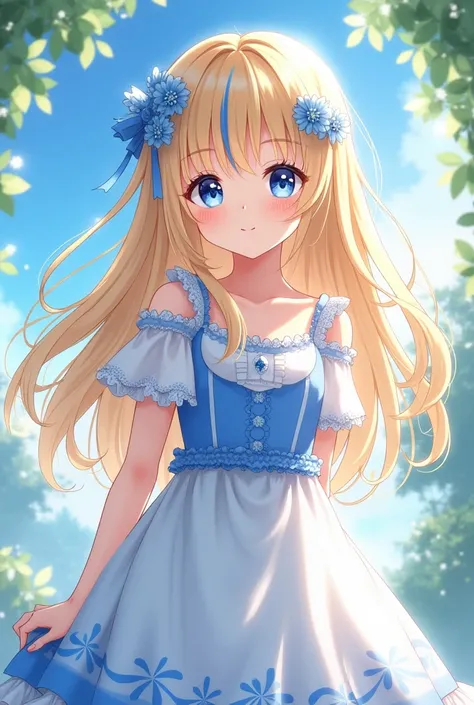 Girl is  and she had a blonde hair long with blue streak , her eyes blue and she wear a pretty dress white and blue -style anime