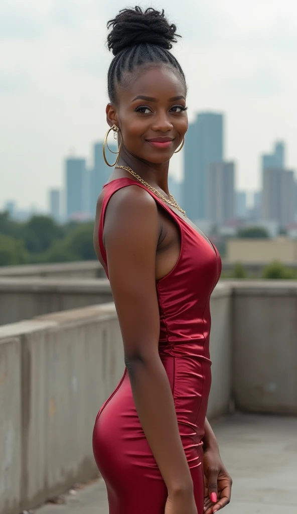 Beautiful woman 25 years old ,  dark-skinned African woman ,   shoes, dark bundled hair on the sides of the curls,  green eyes with makeup ,  an earring in her ears ,  bud with big breasts, necklace on the neck, tanned skin , there is a smile on the face ,...