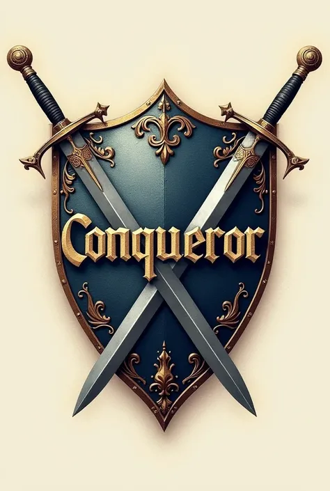 Create brand logo for shirts name conqueror written on shield with some embroidery between two sword's 