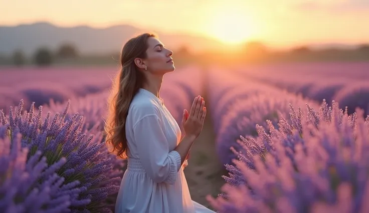 A woman dressed in simple clothes,  kneeling amidst a lavender field,  with his face illuminated by the morning sun .  The image transmits faith ,  humility and total trust in God .