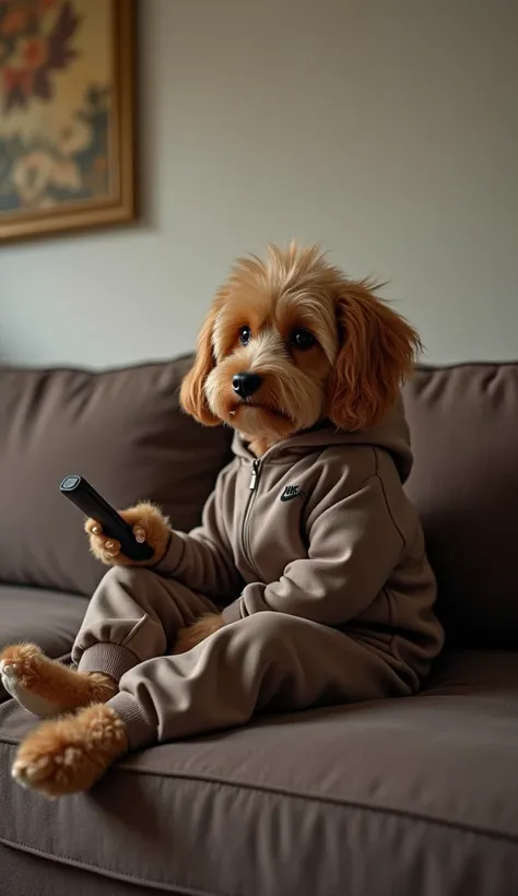  A brown Maltese dog sitting on the sofa and watching TV with a remote control in one hand, Sitting comfortably like a human , As for the costume, I'm wearing a Nike hoodie and jogger pants,  Japanese, picture,High definition, 