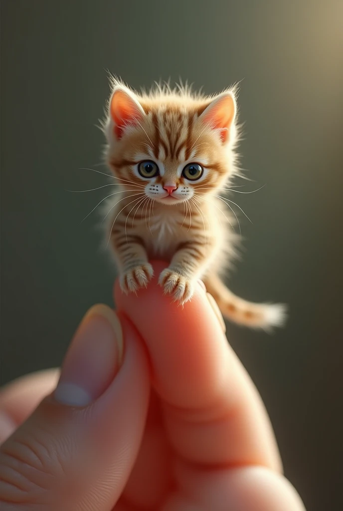 Photorealistic, 34k, A micro **** cat perched on a human finger