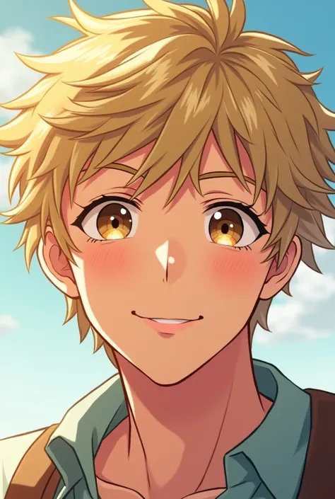 Make a brown-eyed dark-blond man happy ,  anime style 