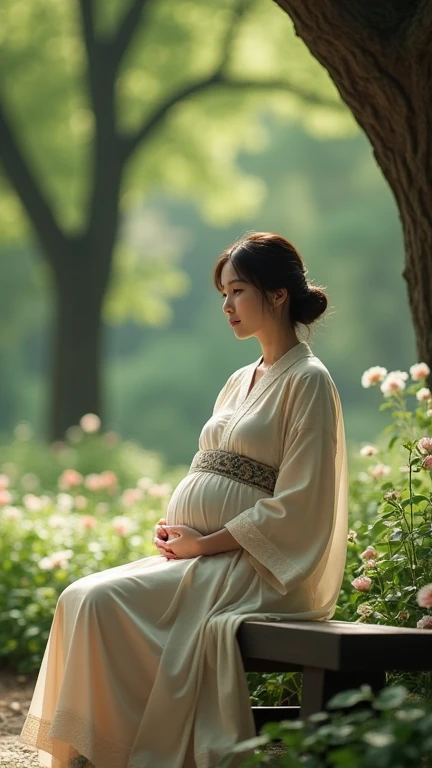 asian in dress, 40 years, pregnant, seat in the park