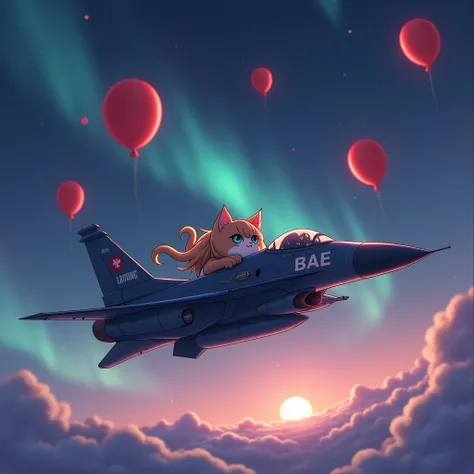 The background is dark and pale rainbow
There are auroras in the sky
A cute male cat with long hair is driving a fighter jet
BAE4 is prominently written on the fighter
Red balloons are floating in the sky

Make it look like an anime
