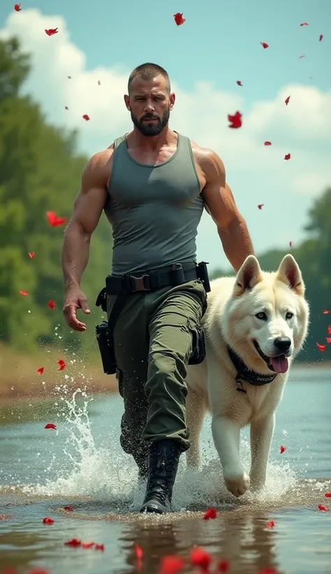 "A muscular man with light skin, wearing a tight gray shirt and green tactical pants, confidently walks alongside a massive, muscular white dog with a black collar. The man has a tactical belt with pouches and accessories and wears sturdy black boots. They...