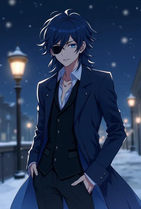 anime handsome young man, adult, manhwa drawing, dark-blue hair, wavy hair, long hair, eyepatch, slim, cunning, tantalizing, yandere, yandere male, detailed, outside, night, stars, mysterious blue eyes, silver rings on fingers, black fitting slacks, dark-b...